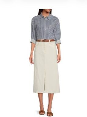 Classic European White Midi Skirt with Front Slit